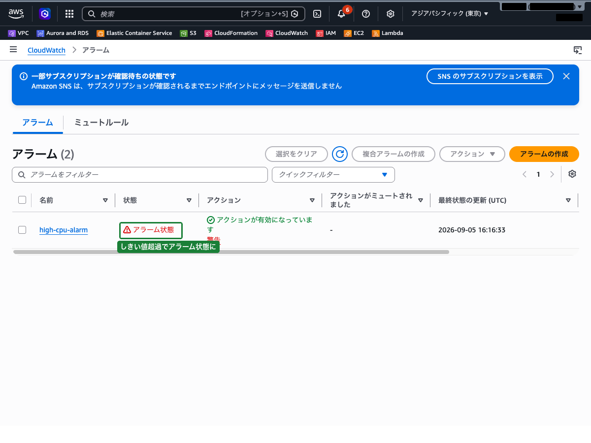 アラーム一覧画面（high-cpu-alarm がアラーム状態に変化した状態）