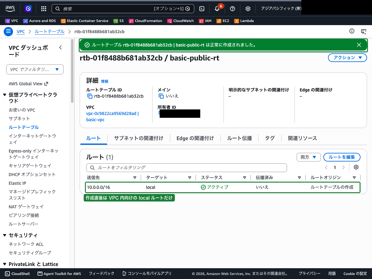 ルートテーブル作成完了画面