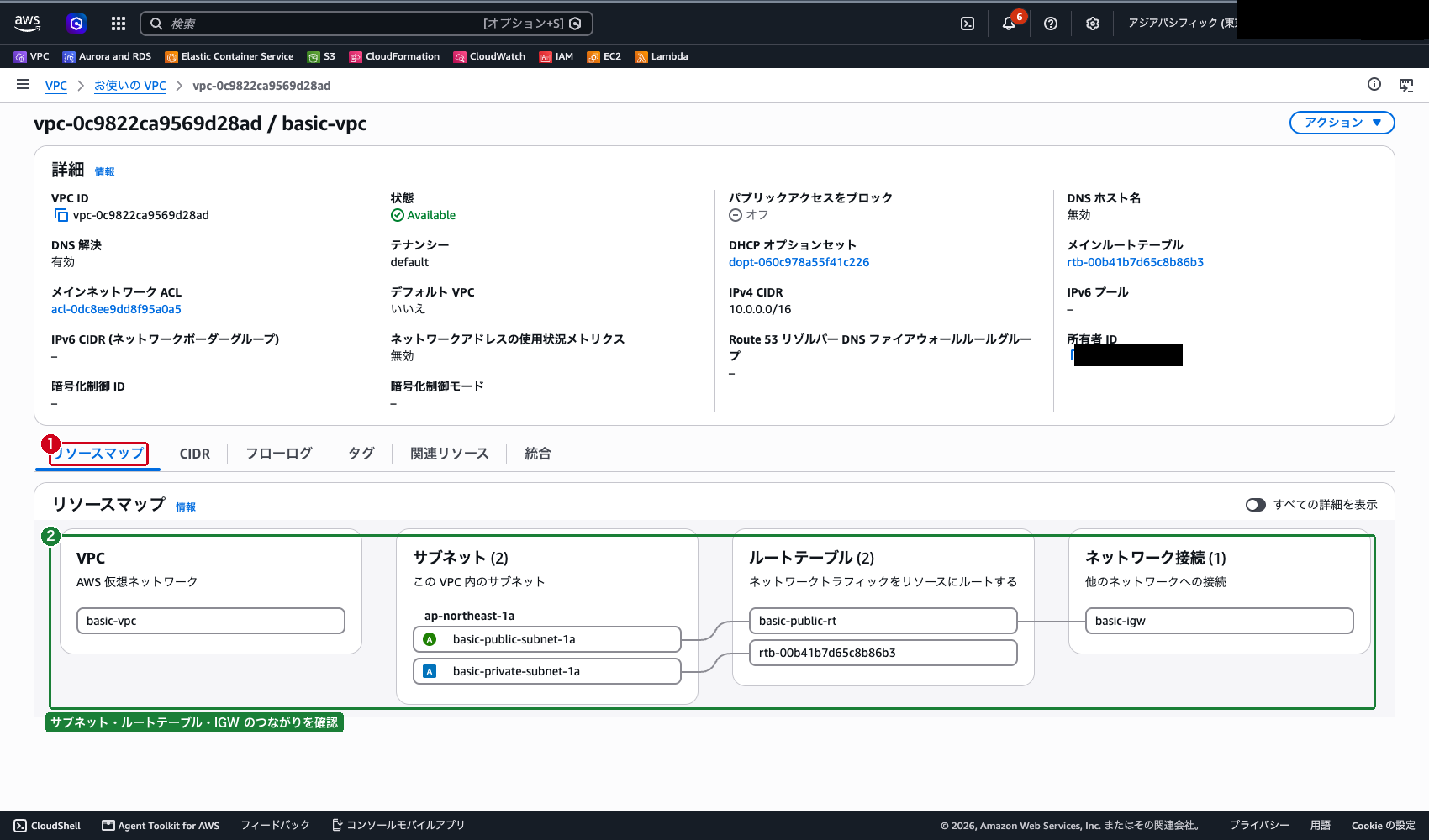 VPC リソースマップ画面（VPC 内のサブネット、ルートテーブル、IGW の関係が表示されている状態）