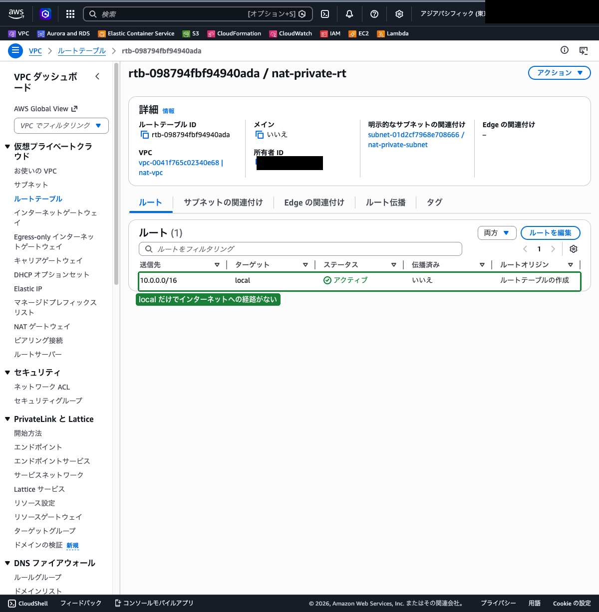 nat-private-rt のルートタブ（local ルートのみで、インターネットへのルートがない状態）