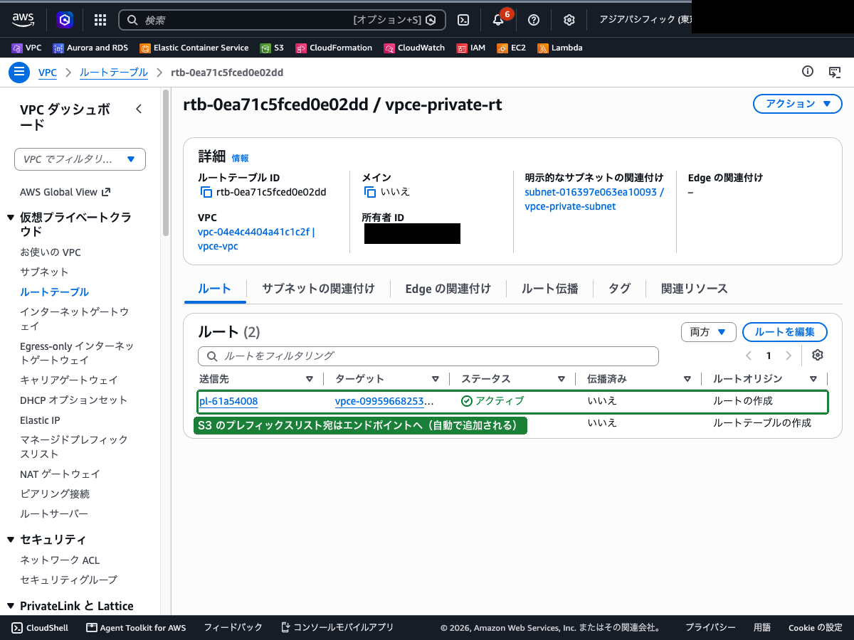 vpce-private-rt のルート一覧（プレフィックスリスト宛のエンドポイントルートが追加されている状態）