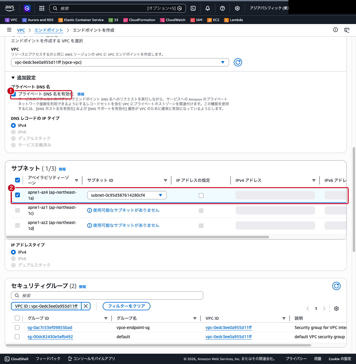 インターフェイス型エンドポイントのサブネット・DNS 設定画面
