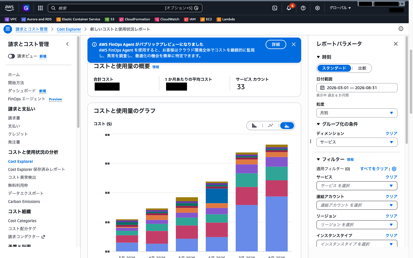 Cost Explorer の月別コストグラフ（サービス別にグループ化した状態）