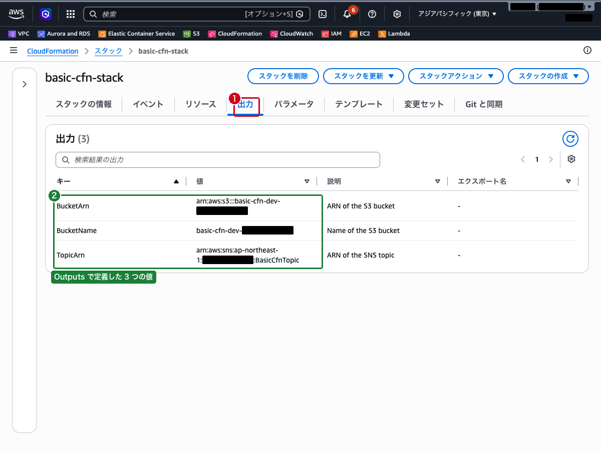 スタックの「出力」タブ（BucketName、BucketArn、TopicArn が表示されている状態）