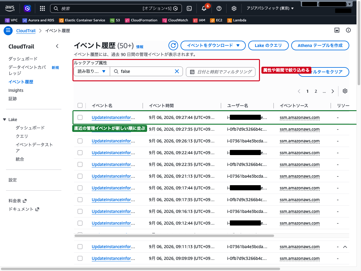CloudTrail イベント履歴画面（直近のイベントが一覧表示されている状態）