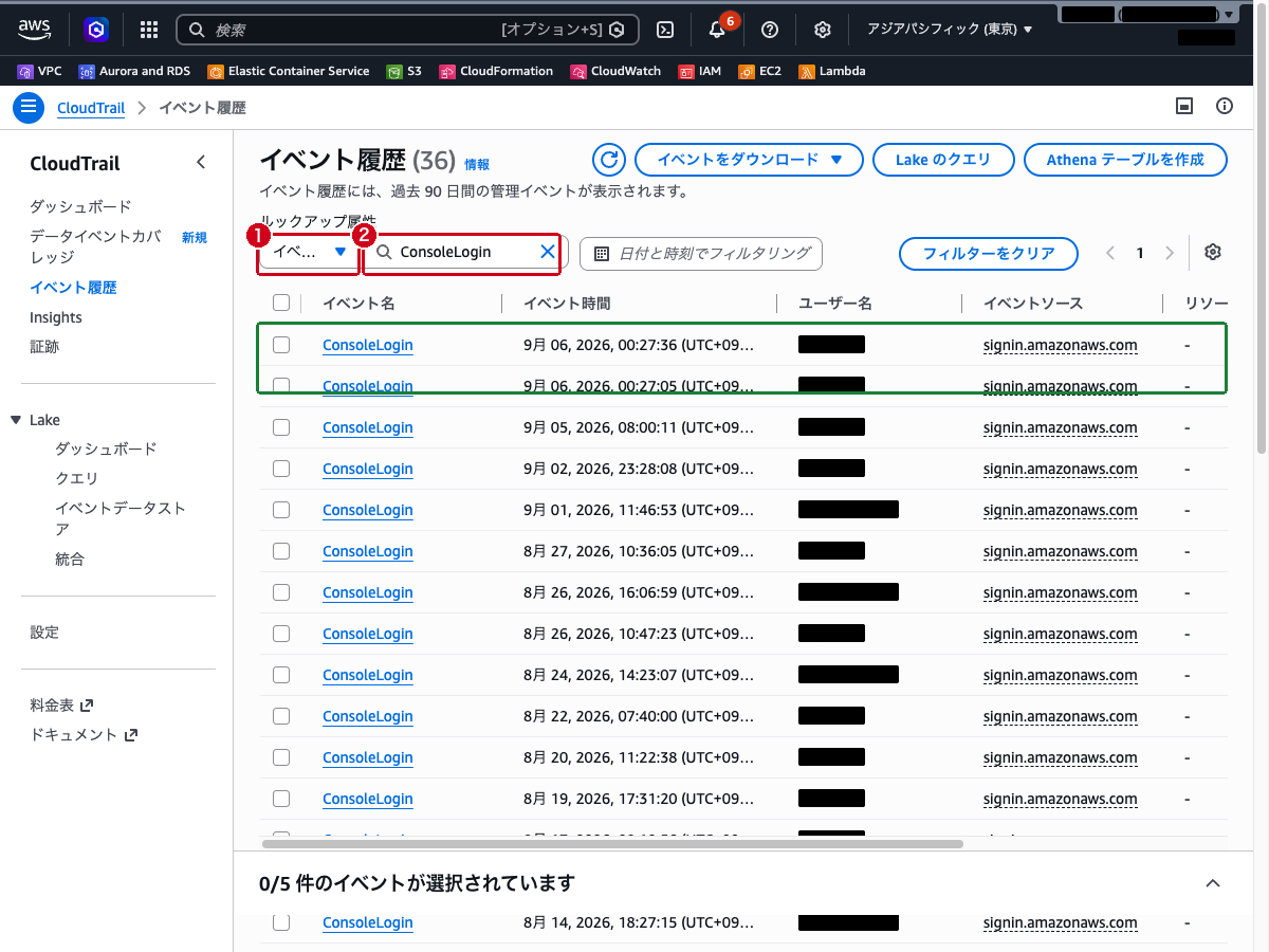 イベント履歴画面（イベント名「ConsoleLogin」でフィルタした結果）