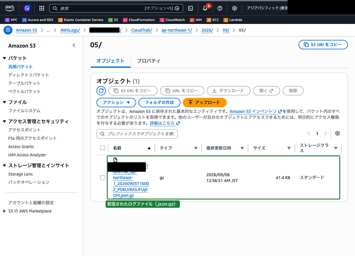 S3 バケット内の CloudTrail ログファイル（フォルダ構造とログファイルが表示されている状態）