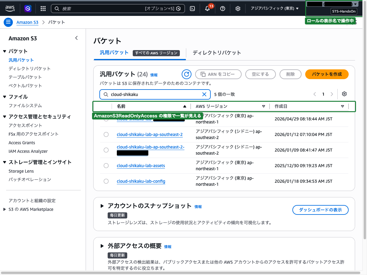 スイッチロール後のコンソール画面（右上にロールの表示名が表示され、S3 バケット一覧が閲覧できている状態）