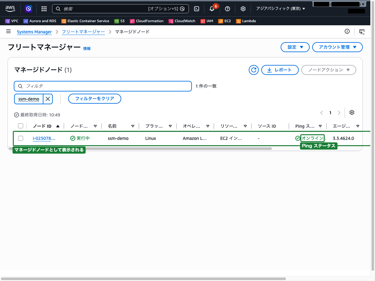 フリートマネージャー画面（マネージドノードの一覧とオンラインステータス）