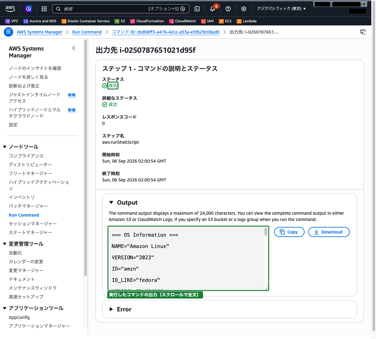 Run Command の実行結果画面（OS情報、ディスク使用量、メモリ使用量の出力）