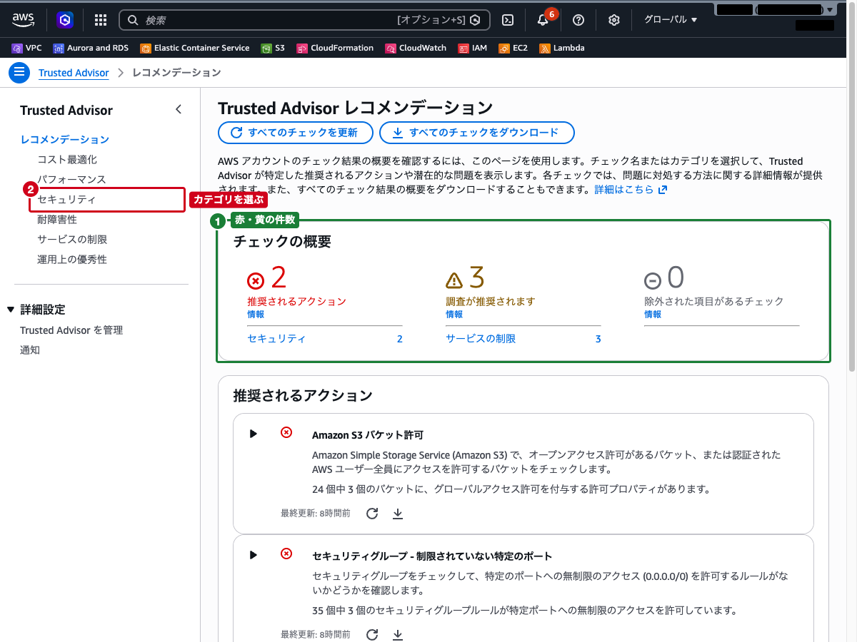 Trusted Advisor レコメンデーション画面（チェックの概要と推奨されるアクション）