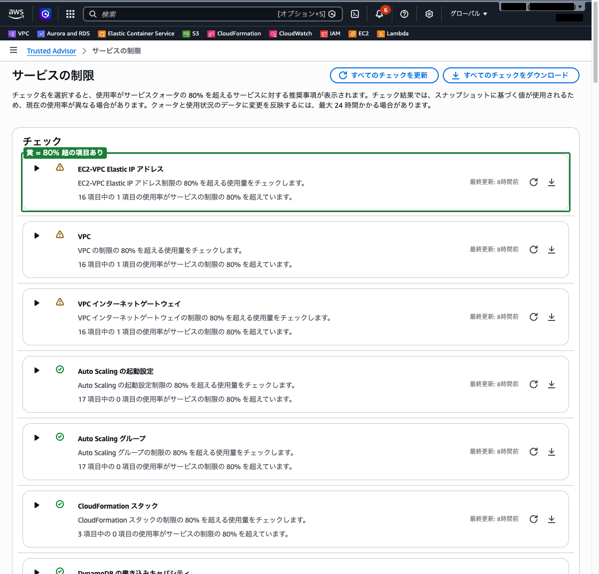 サービスの制限のチェック一覧画面（使用率が 80% を超えている項目が黄色で表示されている状態）