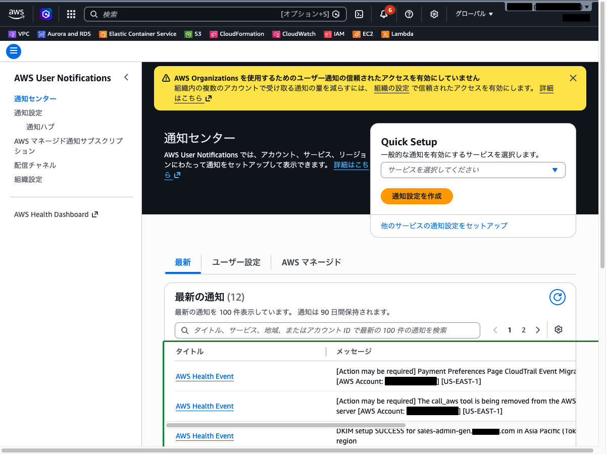 User Notifications ダッシュボード画面