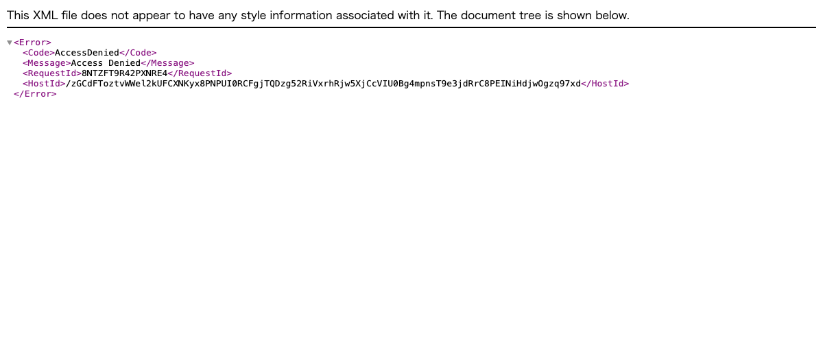 S3バケットURLに直接アクセスした結果 ── 403 AccessDenied エラーが表示されている状態