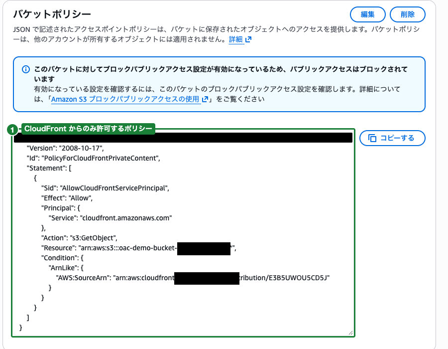 S3バケットポリシー（CloudFrontが自動設定したOAC用ポリシー）