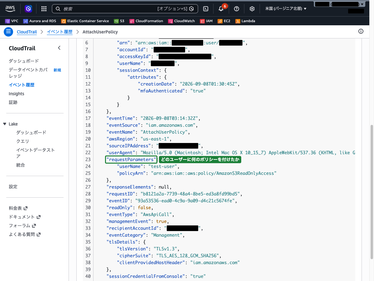 AttachUserPolicy イベントのイベントレコードJSON（requestParameters に userName と policyArn が表示されている状態）