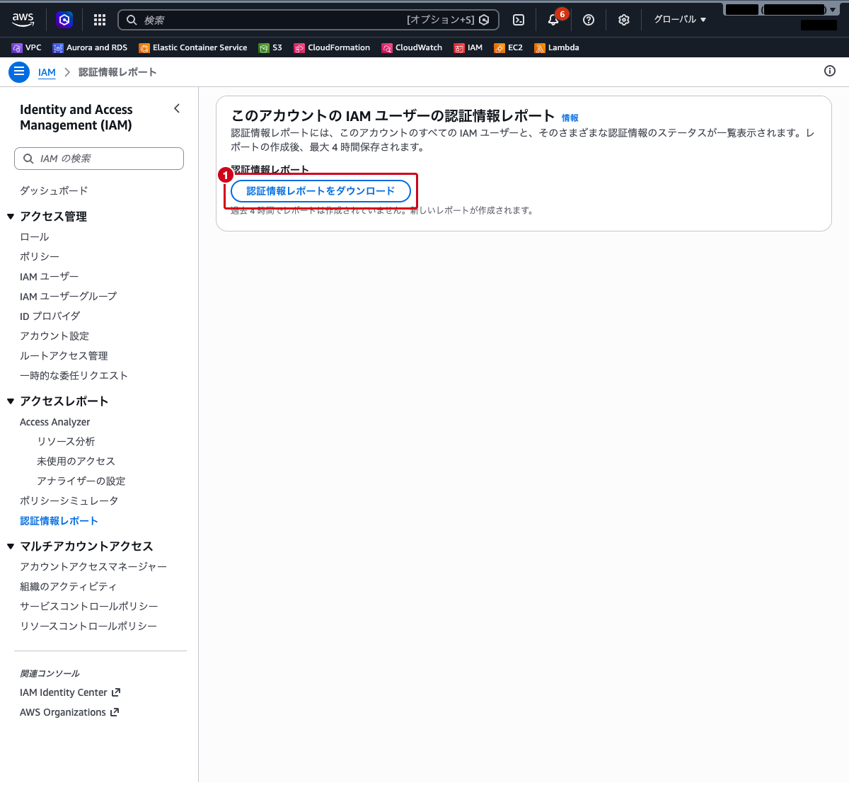 IAM認証情報レポート画面 ── レポートのダウンロードボタンが表示されている状態