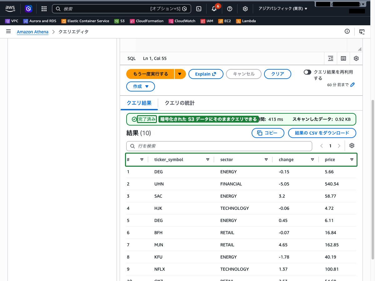 AthenaでSELECTクエリを実行した結果 ── S3上の暗号化データに対してクエリが正常に実行され、デモデータのレコードが表示されている状態