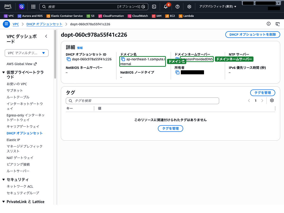 デフォルトのDHCPオプションセット詳細画面 ── ドメイン名とドメインネームサーバーの設定値