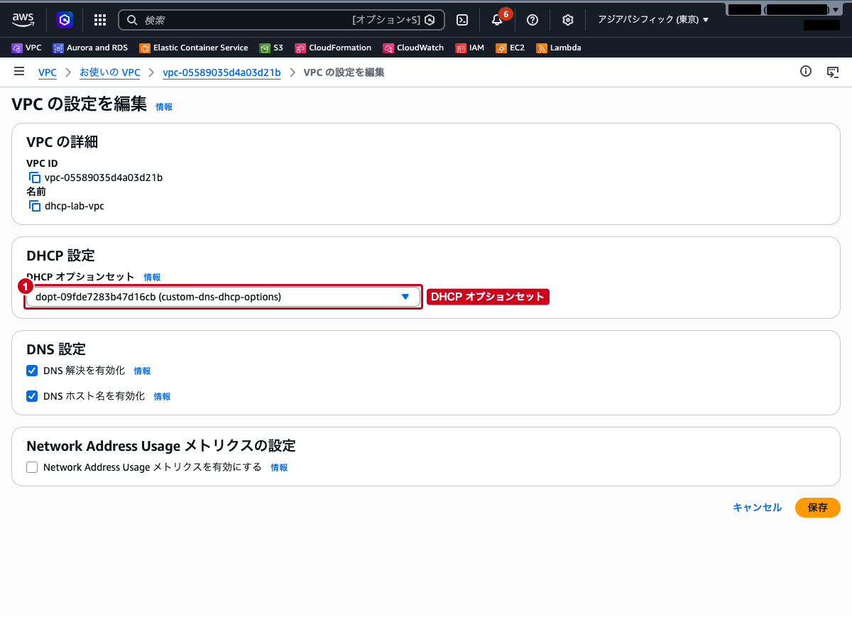 VPC の設定を編集画面の「DHCP 設定」セクション ── DHCP オプションセットに custom-dns-dhcp-options を選択した状態