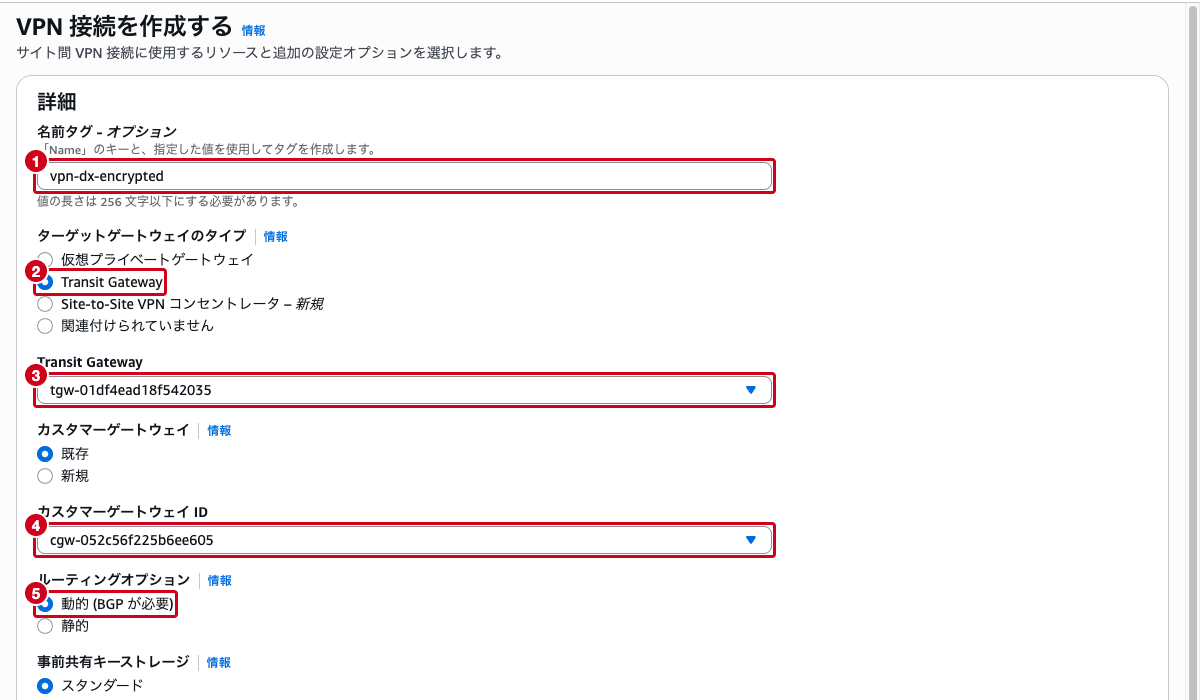 VPN接続作成画面 ── ターゲットゲートウェイにTransit Gatewayを選択し、カスタマーゲートウェイとルーティングオプションを設定した状態