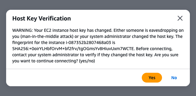 EC2 Instance Connect ── Host Key Verification の警告ダイアログが表示されている状態