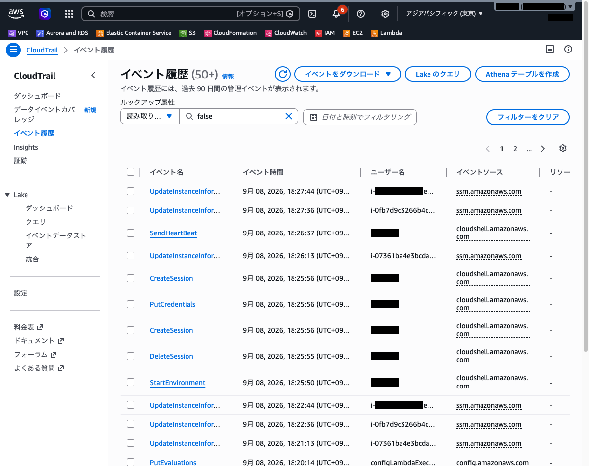 CloudTrailコンソールの「イベント履歴」画面の初期表示