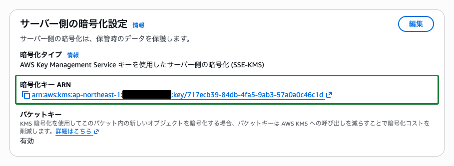 S3オブジェクトの詳細画面 ── サーバー側の暗号化設定がSSE-KMSで、imported-key-demoのキーARNが表示されている状態