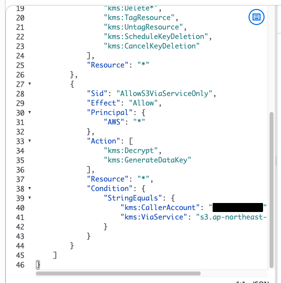 KMSキーポリシーの編集画面（AllowS3ViaServiceOnlyステートメントを記述した状態）