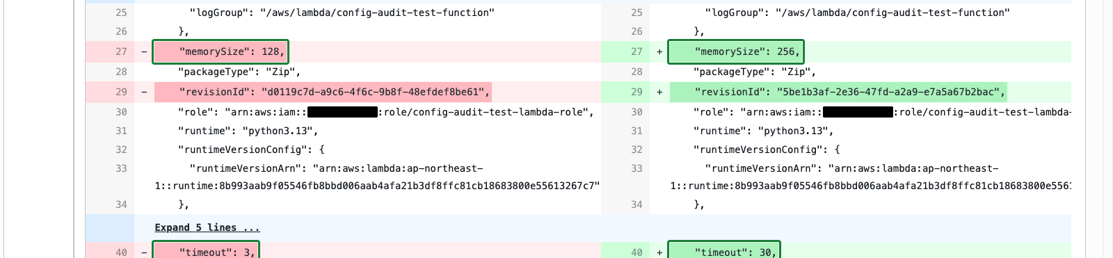 構成変更の JSON diff ── memorySize と timeout の変更前後の値が表示されている状態