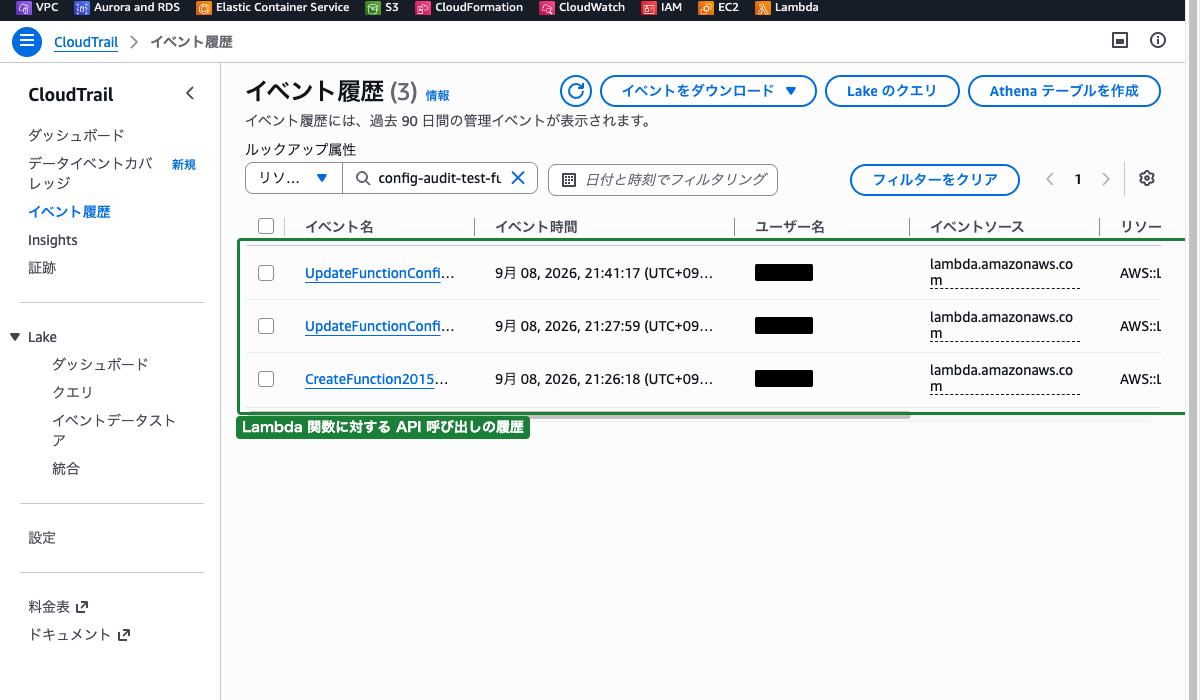 CloudTrail イベント履歴画面 ── リソース名で config-audit-test-function をフィルターした結果